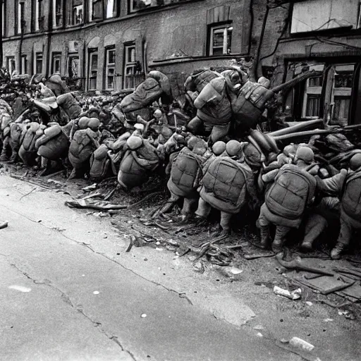 Image similar to Minions barricade themselves on Berlin preparing for the defense of the city against the soviets, Berlin's last stand, second world war, 1945, award winning, historical footage