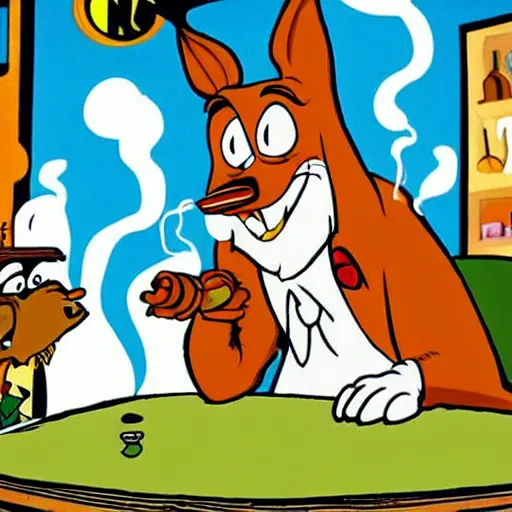 Image similar to a dog smoking weed, finnish cartoon, high detailed cartoon, warner brothers looney tunes