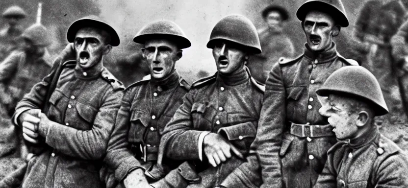 Image similar to horrified World War 1 soldiers, high contrast lighting, cinematic film still