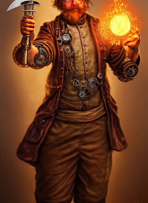 Prompt: detailed portrait of a steampunk chef character posing battle stance holding a giant glowing runeforged kitchen knife, diffuse lighting, scifi fantasy, intricate, highly detailed, lifelike, photorealistic, digital painting, artstation, illustration, concept art, smooth, sharp focus, art by john collier and albert aublet and krenz cushart