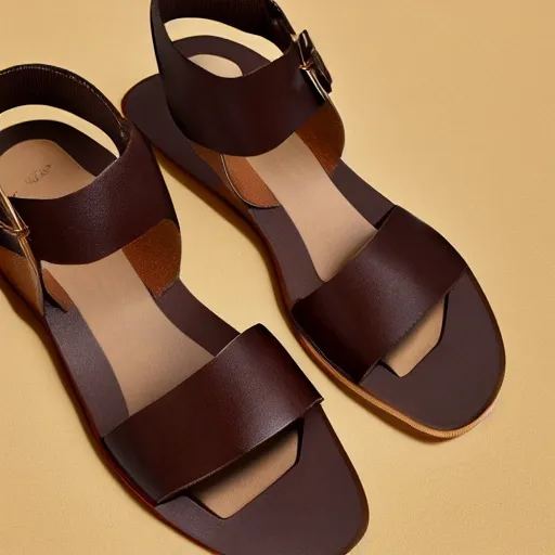 Image similar to sperry brown leather sandals with extremely long toe points, photorealistic