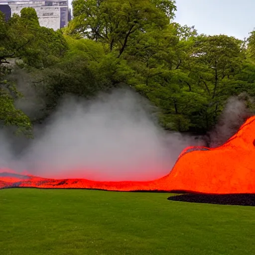 Image similar to award winning photo of a lava flow going through Central Park in New York.