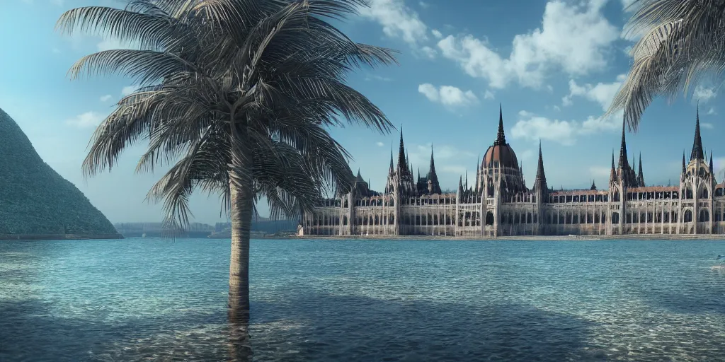 Prompt: matte painting of a hungarian parliament underwater-beach, palm trees behind, 4k, 8k, highly detailed, trending on ArtStation, CGSociety