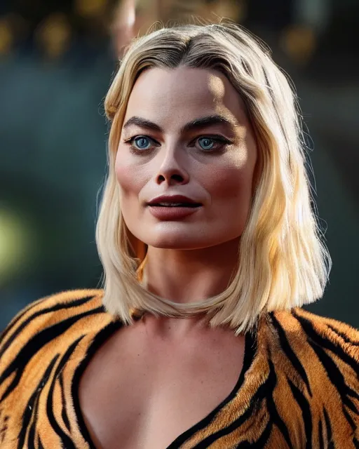 Prompt: A detailed photo of margot robbie wearing a tiger suit, detailed face, highly detailed, cinematic, full body shot, 4k, hd, sharp