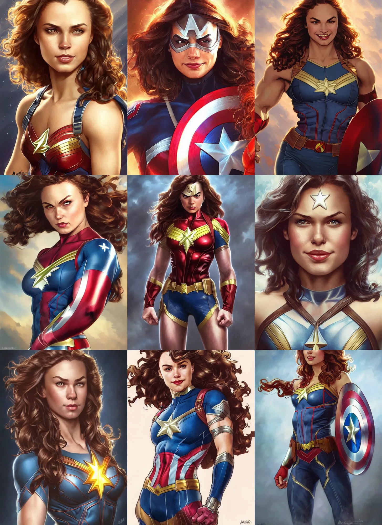 Prompt: a muscled april with a mischievous face and light brown curly wavy hair dressed as captain america, batman, the flash, captain marvel, wonder woman, a superhero. beautiful detailed face. by artgerm and greg rutkowski and alphonse mucha