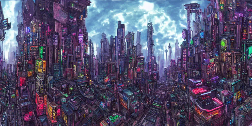 Image similar to streetview equirectangular 360 photo of cyberpunk metropolis, colorful, by Andy Thomas, Mario Martinez, Daniel Mirante, Gustave Dore, Artstation, CGsociety, masterpiece