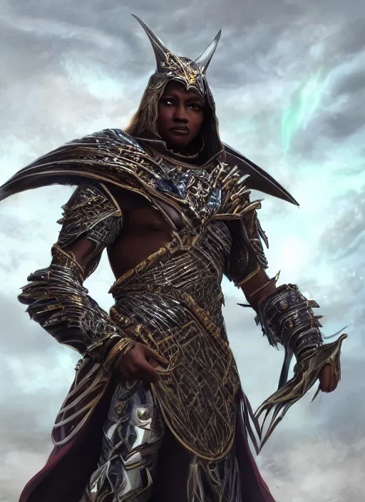 Image similar to ultra detailed fantasy of maasai warriorin futuristic armor, elden ring, realistic, dnd character portrait, full body, dnd, rpg, lotr game design fanart by concept art, behance hd, artstation, deviantart, global illumination radiating a glowing aura global illumination ray tracing hdr render in unreal engine 5