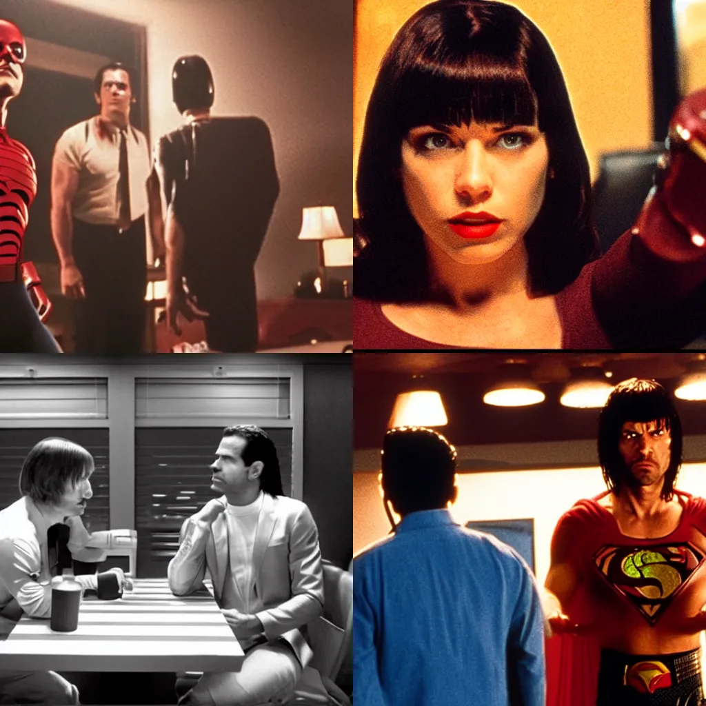 Prompt: a still frame from pulp fiction directed by zack snyder in the style of justice league