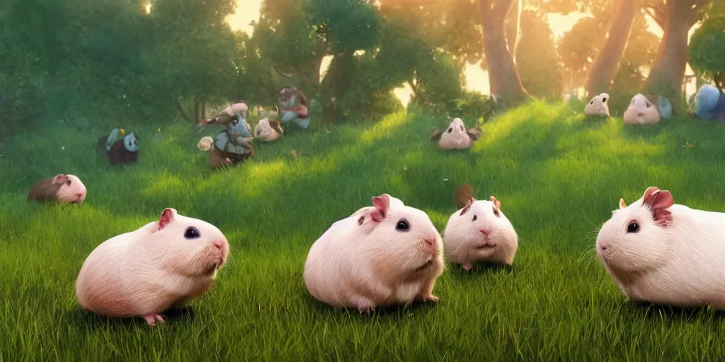 Prompt: a group of smiling guinea pig that are in the grass in front of fairy village, concept art by senior environment artist, cgsociety, furry art, volumetric lighting, outdoor lighting, lomochrome turquoise 1 0 0 - 4 0 0, greg rutkowski, artstation hq, playstation 5 screenshot