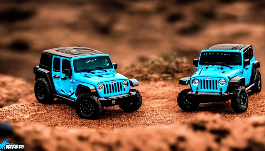 Image similar to Hot Wheels, Jeep Wrangler JKU, cinematic, Maxxis, 8k, depth of field, bokeh.