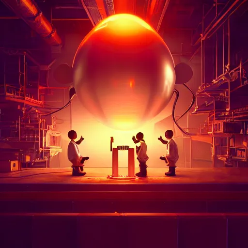 Prompt: photorender of many workers operating big mickey mouse head, low light, glowing red light behind, highly detailed 4 k intricate art, unreal engine, concept art, digital art, beeple, cgsociety, octane render, realistic, sharp focus, smooth, greg rutkowski, alphonse mucha