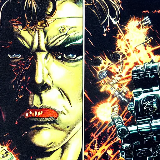 Image similar to portrait closeup of crazy terminator firing guns, symmetrical, cinematic colors, by yoichi hatakenaka, masamune shirow, josan gonzales and dan mumford, ayami kojima, takato yamamoto, barclay shaw, karol bak, yukito kishiro