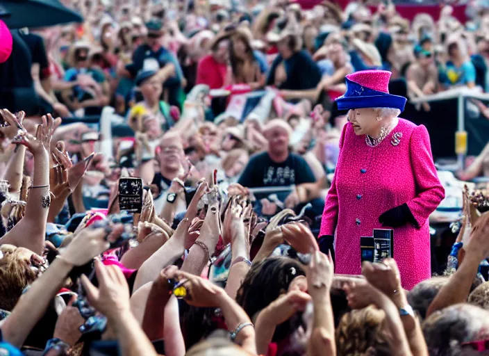 Image similar to photo still of queen elizabeth at vans warped tour!!!!!!!! at age 7 0 years old 7 0 years of age!!!!!!! throwing down in the mosh pit, 8 k, 8 5 mm f 1. 8, studio lighting, rim light, right side key light