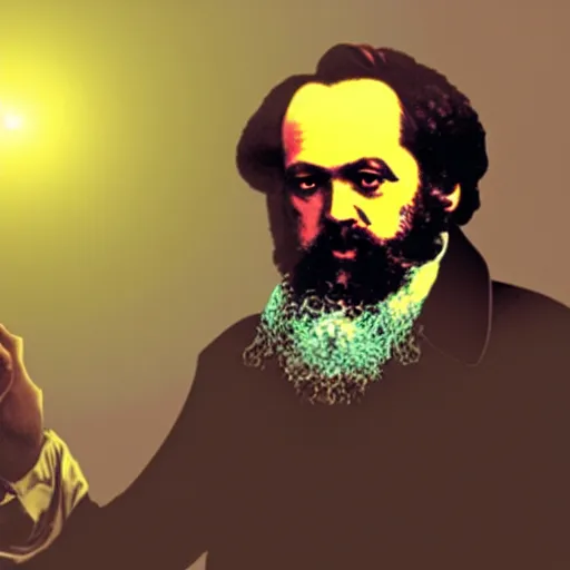 Image similar to Karl Marx pondering his orb, solar punk