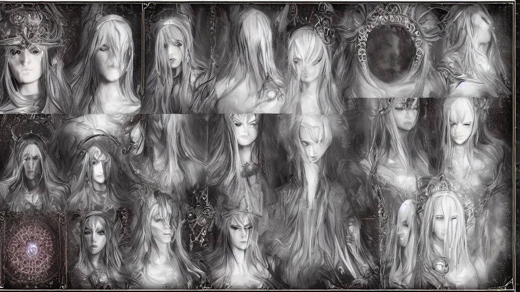 Image similar to concept art sheet, photorealistic symmetrical beautiful young female priestess with shiny hair wearing full intricate clothing, intricate, cg society, Elden Ring, darksouls, bloodborne