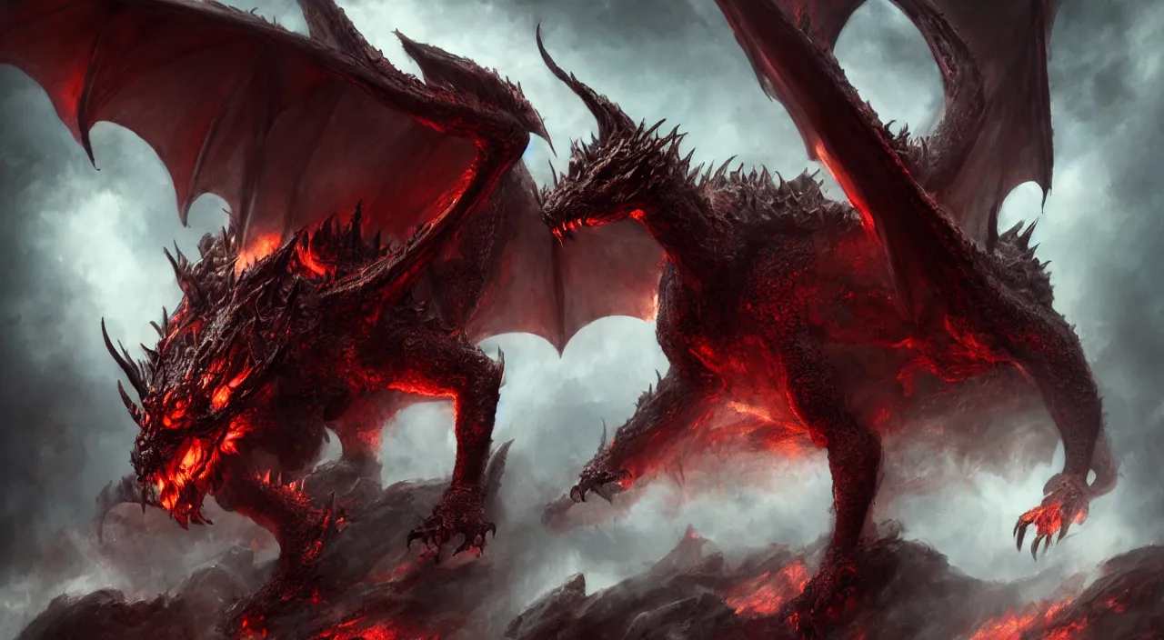 Image similar to from the depths of hell was he summoned, the great dragon beast rose from the fires with gleaming red eyes, in the style of raymond swanland