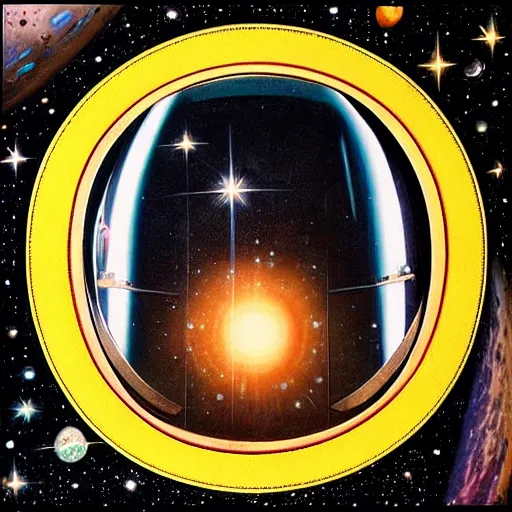 Image similar to “astronaut on board international space station wearing black space suit and gold helmet, highly detailed, realistic, portrait, no flag patch, symmetrical, photorealistic, proportional, beauty, fish eye lens, nasa, spacex, galaxies, in the style of Children drawing sun rising”