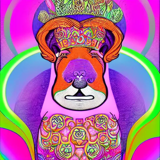 Prompt: beautifully ornate art nouveau opart glowing chunky baby capybara neon wearing a flower crown with mushrooms with flower mandala in background poster art by victor moscoso and gilbert shelton, saturated bright pink orange and green, 8 k, artstation