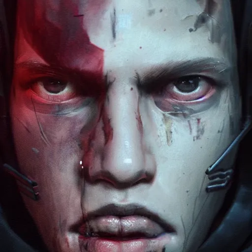 Image similar to close-up, symmetrical!, portrait of a young man, bruised and scarred! cyberpunk, techwear! by Greg Rutkowski, matte painting, trending on artstation