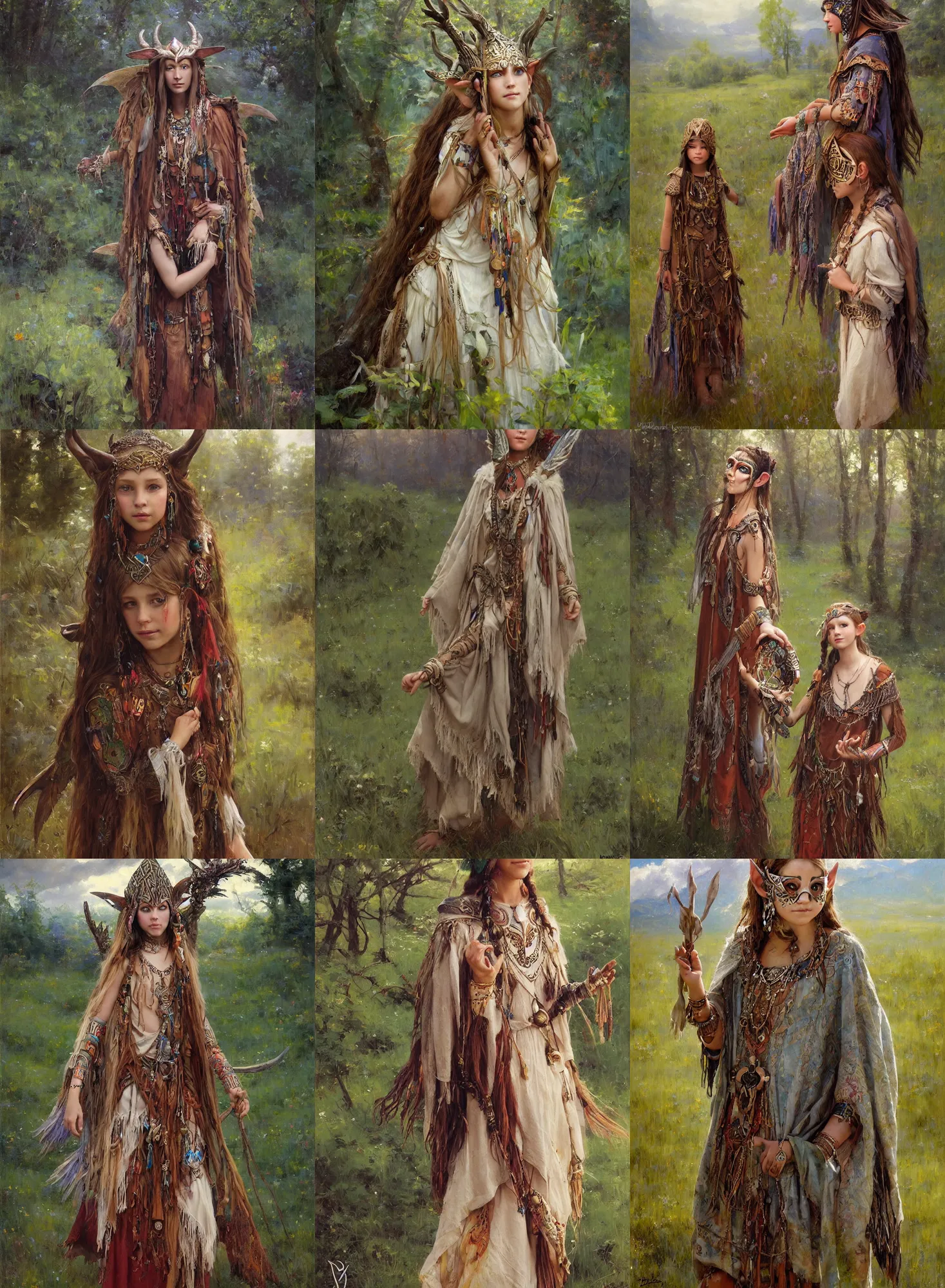 Prompt: portrait of young girl in fantasy shaman elven mask. rich wooden jewerly. boho dress. poncho. clouds on the green field. painting by Darrel K Sweet. Daniel F Gerhartz. Jeremy Lipkin. Hildebrandt Brothers.