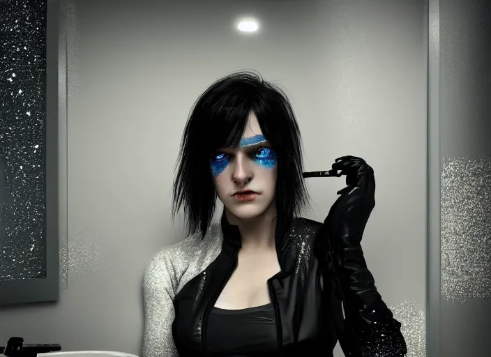 Prompt: octane render photographic portrait by quentin tarantino of a beautiful feminine man wearing black techwear and glitter makeup looking in a broken bathroom mirror, cramped new york apartment, full shot, retrofuturism cyberpunk cinematic, 8 k, hd, high resolution, ultra realistic faces, intricate detail, trending on artstation, digital painting, clockwork orange