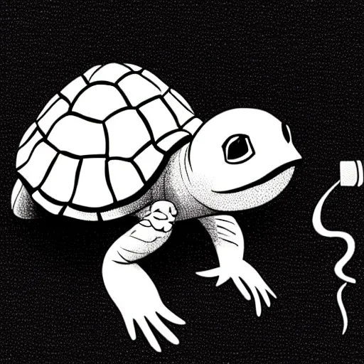 Prompt: storybook illustration of a turtle smoking a cigarette, storybook illustration, monochromatic