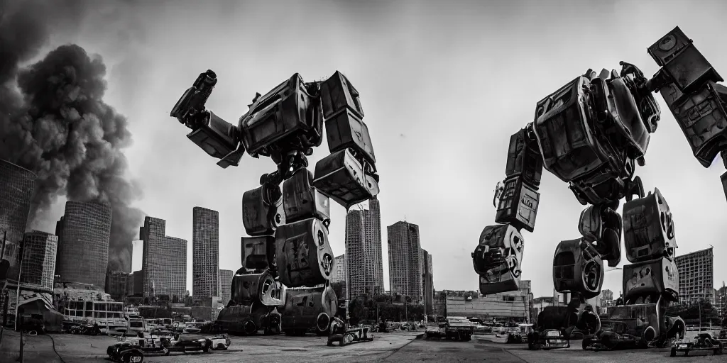 Image similar to wide angle photo, 1 8 mm canon 5 d mark 3, f 1 8, of a scary giant, metal machine pig robot : : 1. 5 looming huge over the buildings of a city on fire that is destroied, in the film style of a hollywood summer blockbuster movie