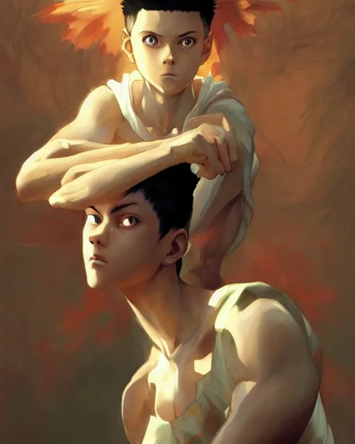 Image similar to Gon from Hunter x Hunter oil on canvas, artstation, by J. C. Leyendecker and Edmund Blair Leighton and Charlie Bowater, octane