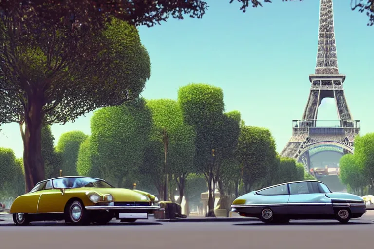 Prompt: a wholesome beautiful animation key shot of!! one!! focused!! 1 9 7 4 citroen ds!! in a paris street with trees, eiffel tower, medium wide shot, studio ghibli, ( pixar ) and disney animation, sharp, very detailed, high resolution, rendered in unreal engine 5, anime key art by greg rutkowski, bloom, dramatic lighting