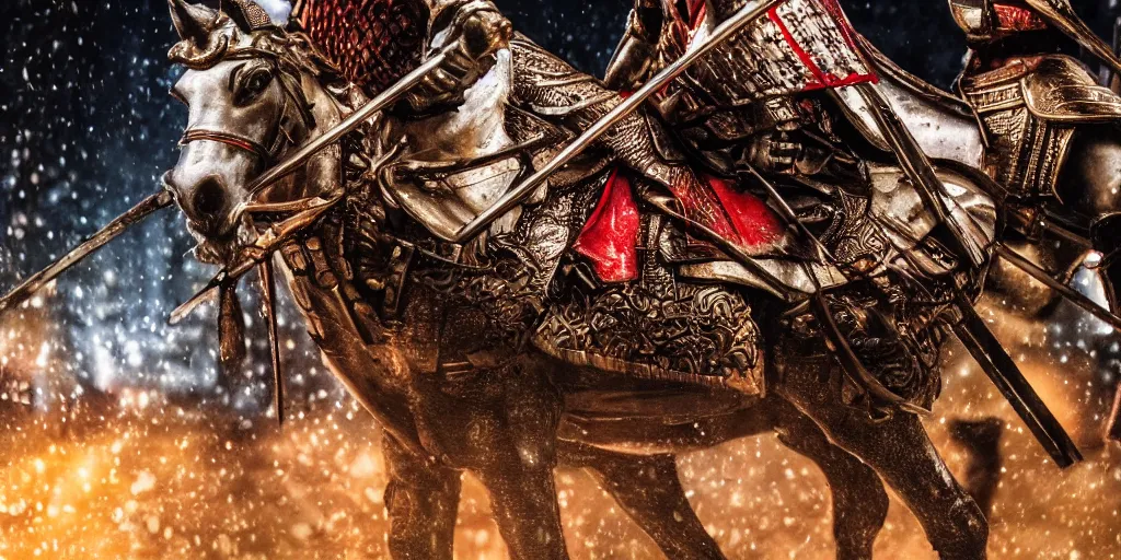 Image similar to close up macro shot of a roman general riding a horse fighting a samurai with swords on wet tokyo street at night, intricate, hyper detailed, smooth, dramatic lighting, cinematic