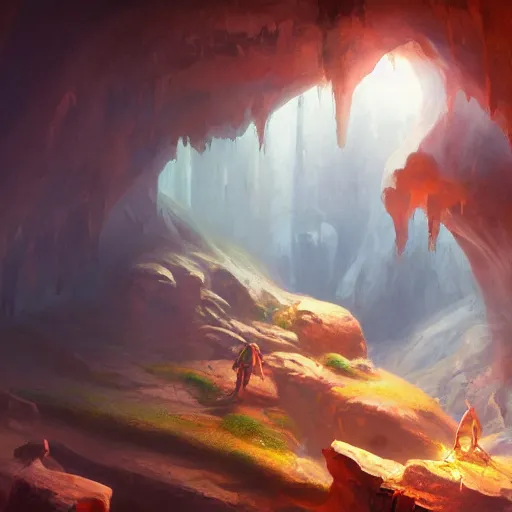 Prompt: explorer in a cave of wonders, concept art oil painting, ethereal, by jama jurabaev, extremely detailed, brush hard, medium, artstation
