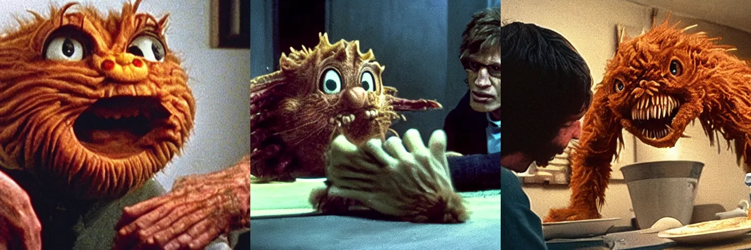 Prompt: still of Garfield monster feeding off of Jon's soul, horror movie directed by David Cronenberg and Jörg Buttgereit (1973), dramatic photography, look what you have done, existence is pain