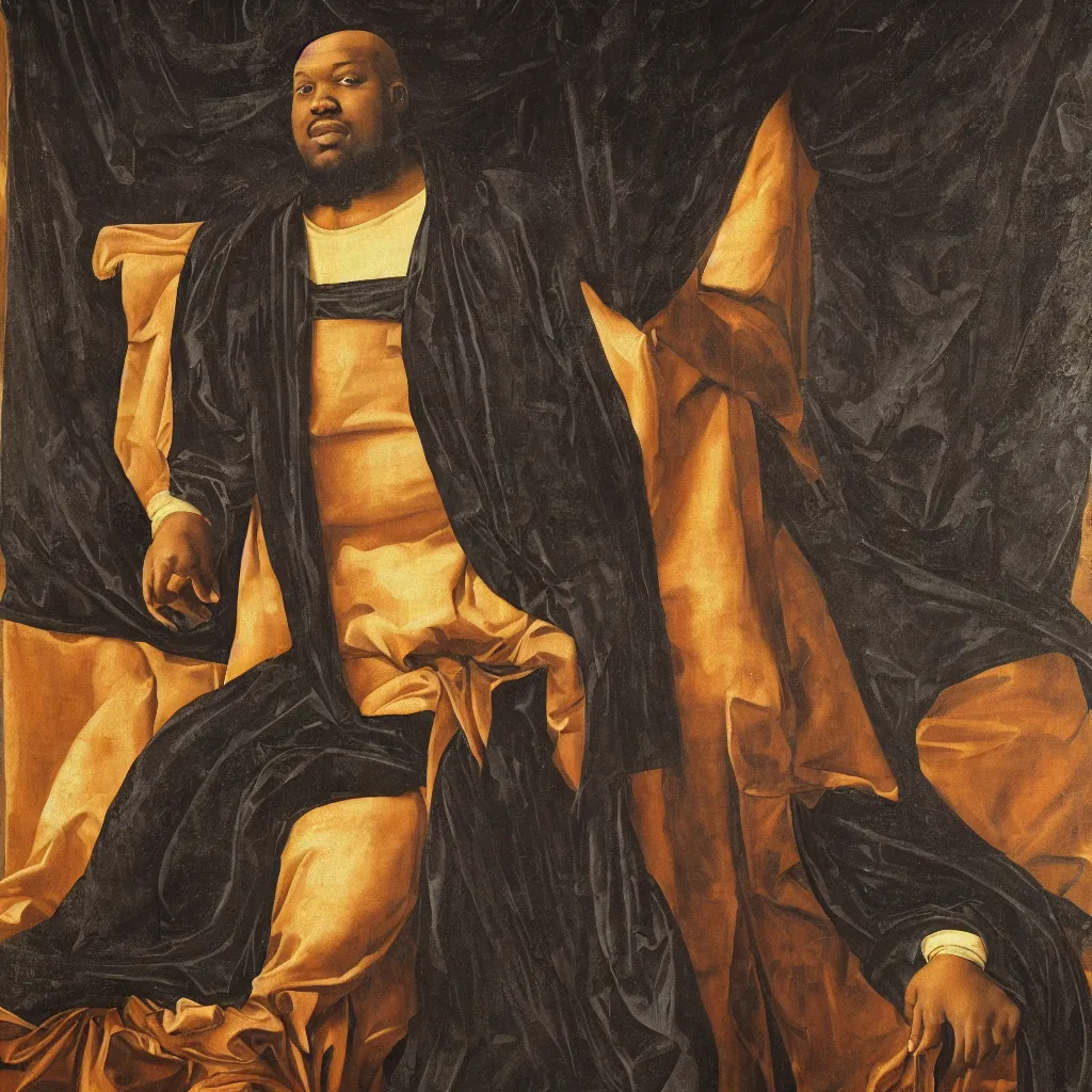 Image similar to Large black man sitting on throne wrapped in silk, background made of large folding curtains, dimly lit, dark, renaissance painting, style of carrivagio