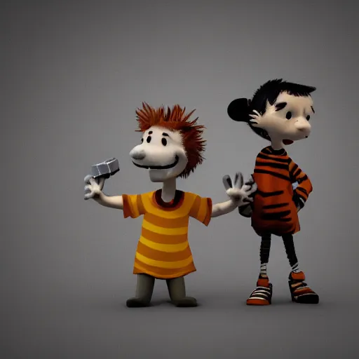 Image similar to Calvin and Hobbes as depressed, sick and dirty homeless adults on crack rock drugs, octane render, sculpture, concept art