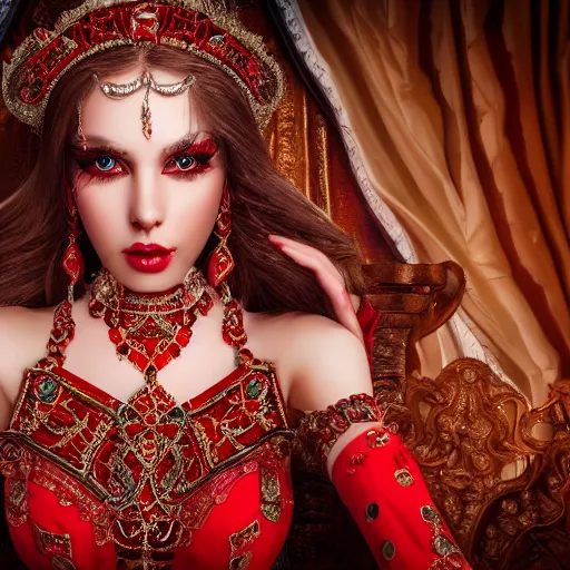 Image similar to wonderful princess with smooth fair skin, alluring eyes, red eyeshadow, red jewelry, breathtaking, elegant, intricate, ornate backdrop, hyper detailed, accent lighting, 4 k glamour photography, octane render