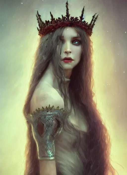 Image similar to pale, beautiful witch with long hair and a delicate crown, fantasy, medieval, vivid colors, fantasy, elegant, concept art, sharp focus, beautiful face!!, digital art, Hyper-realistic, 4K, Unreal Engine, Highly Detailed, HD, Dramatic Lighting by Brom, trending on Artstation