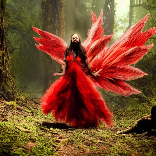 Prompt: a fierce fire fairy appearing suddenly in the middle of mysterious dark forrest full of creepy creatures