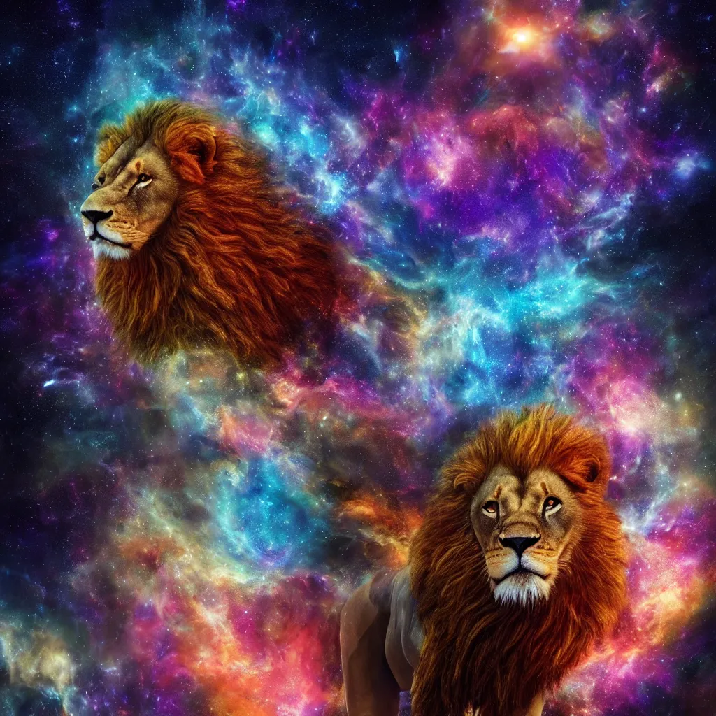 Image similar to lion 🦁 in a galaxy made of stars, space, nebulas stars Dmt Psychedelic cosmos, cosmic, Hallucination, night sky; 8k, artstation, unreal engine, octane render, hdr, surrealistic, hyperrealism, glow, photorealistic, volumetric lighting, Dreamy, dynamic, mystical