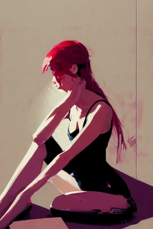 Image similar to a ultradetailed beautiful painting of a stylish woman sitting on the floor of a tiled room, by greg rutkowski, conrad roset, and ilya kuvshinov trending on artstation