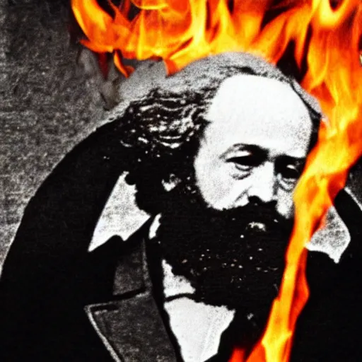 Image similar to Karl Marx burning a communist flag, realistic photo.