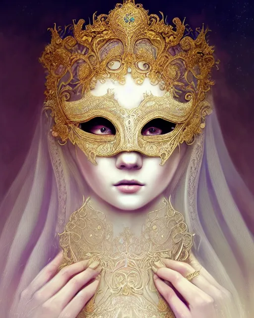 Prompt: beautiful ethereal maiden in a ivory masquerade mask intricate ornate fractal-lace and gemstones, wearing stunning ivory dress, ivory gold iridescent, full view, soft lighting, vivid, Hyperdetailed, 4k hd matte painting by Artgerm, Greg Rutkowski, Klimt, James Jean, 8k resolution, enchanting and otherworldly, Artstation, CGsociety, detailed, front view