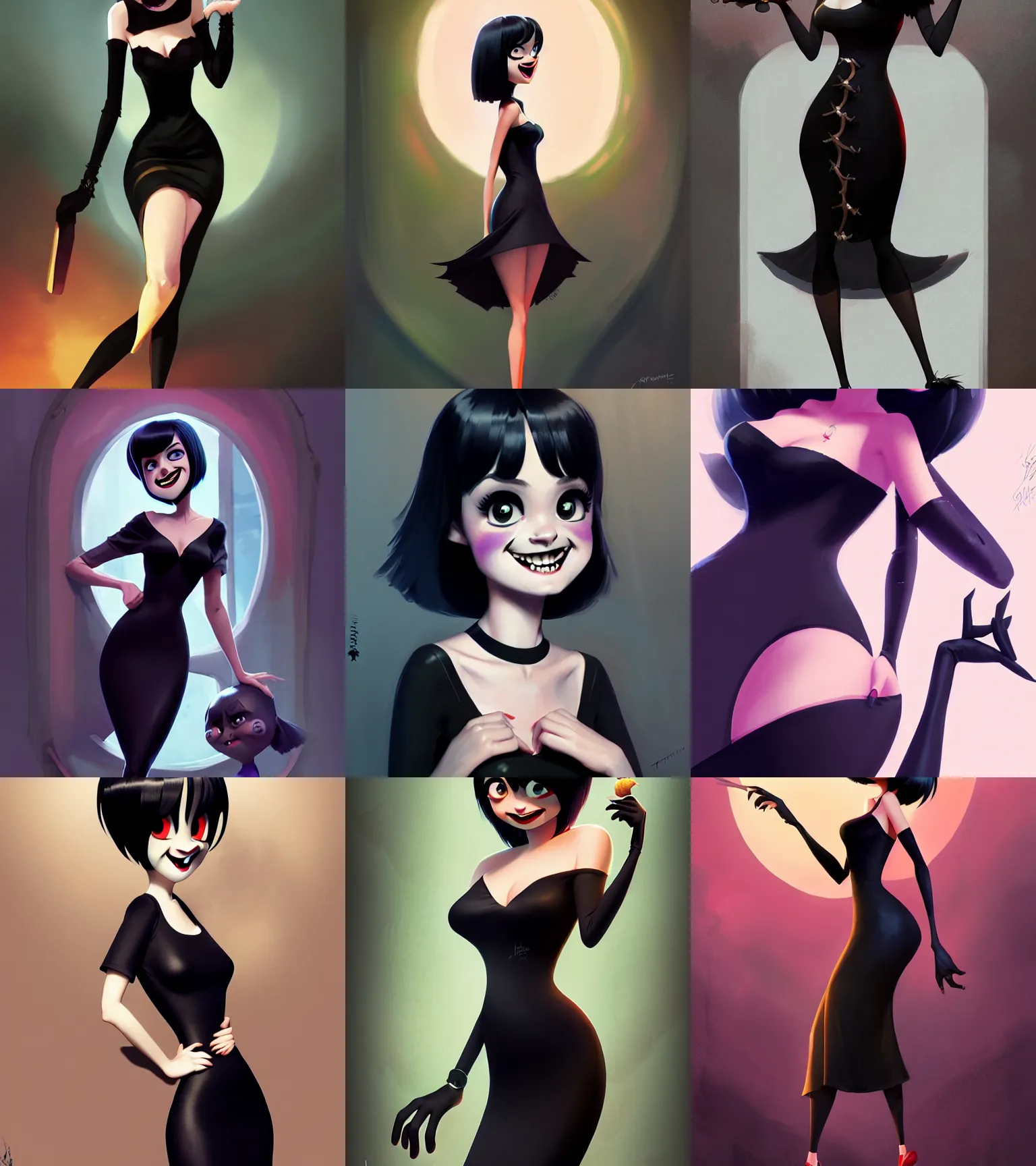 Prompt: attractive Mavis from Hotel Transylvania, hourglass slim figure, black dress, full body shot close up, seductive smile, details, sharp focus, illustration, by Jordan Grimmer and greg rutkowski, Trending artstation, pixiv, digital Art