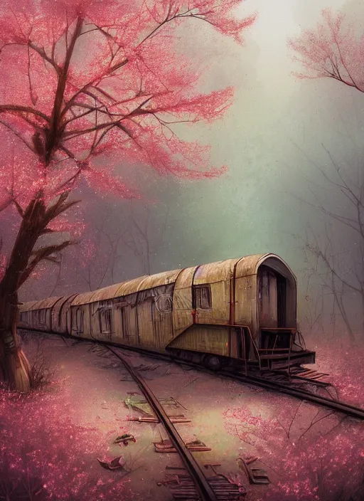 Prompt: a rusty abandoned train in a forest of cherry blossoms, digital illustration, autumn, by pete mohrbacher, by garis edelweiss