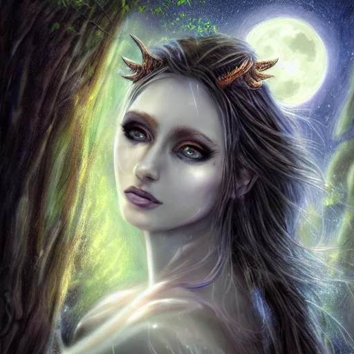 Prompt: masterpiece digital painting realistic portrait of beautiful tyrande whisperwind, 3 0 years woman, close face view, moonlight, elf forest background, at night, by luis royo, warcraft, artstation, deviantart, unreal engine, 8 k, cinematic lights