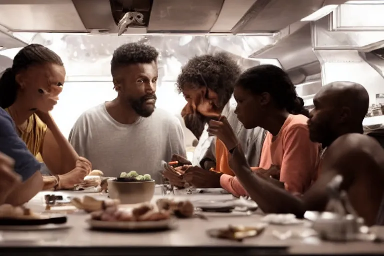 Image similar to movie closeup diverse interracial small team of American sci-fi futuristic space explorers talking at the table in a spaceship kitchen, beautiful skin, Symmetrical faces. Beautiful lighting by Emmanuel Lubezki