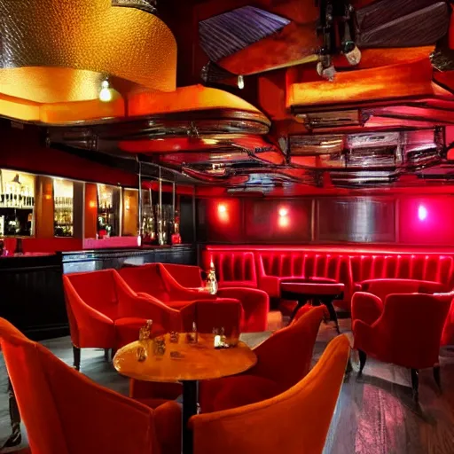 Image similar to jazz bar with giant wooden stage and red velvet seats dark colors