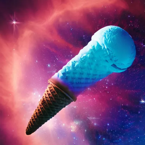 Image similar to dramatic render of a galaxy flavored ice cream cone flying through a space nebula, cgsociety, artstation, 4k