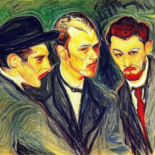 Prompt: high definition portrait of three men talking to each other by Edvard Munch