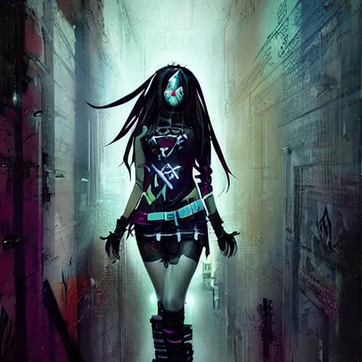 Image similar to cybergoth teen girl, artwork by greg rutkowski and hiroriko araki