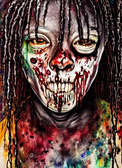 Image similar to african american zombie hollywood artwork professional acting headshot, hyperrealism, intricate detail, studio lighting, charming expression gesicht, hauntingly beautiful zombie, watercolor art, epic, legendary, drawn and painted, colored layers, dulled contrast, exquisite fine art, splatterpaint